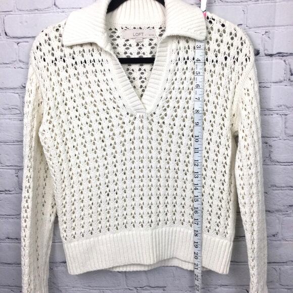 Loft Petites Cottagecore Open Knit Split Neck Cream Pullover Sweater Size XXS - Picture 12 of 13